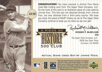 1999 Upper Deck Century Legends - A Piece of History 500 Club: Jimmie Foxx #NNO Jimmie Foxx Back