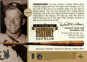 1999 Upper Deck Ovation - A Piece of History 500 Club: Mickey Mantle #NNO Mickey Mantle Back