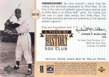 1999 SPx - A Piece of History 500 Club: Willie Mays #NNO Willie Mays Back