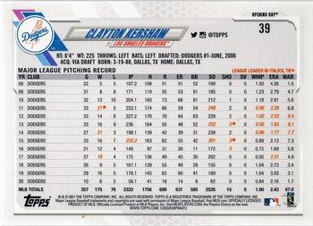 2021 Topps Opening Day - Opening Day Edition #39 Clayton Kershaw Back