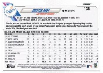 2021 Topps Opening Day - Opening Day Edition #138 Dustin May Back