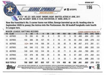 2021 Topps Opening Day - Opening Day Edition #196 George Springer Back