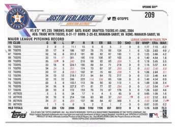 2021 Topps Opening Day - Opening Day Edition #209 Justin Verlander Back