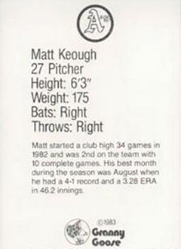 1983 Granny Goose Oakland Athletics - Stadium Giveaway (No Tabs) #8 Matt Keough Back