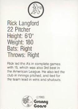 1983 Granny Goose Oakland Athletics - Stadium Giveaway (No Tabs) #9 Rick Langford Back