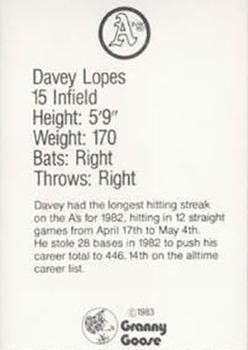 1983 Granny Goose Oakland Athletics - Stadium Giveaway (No Tabs) #11 Davey Lopes Back