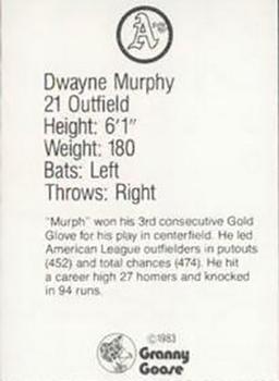 1983 Granny Goose Oakland Athletics - Stadium Giveaway (No Tabs) #13 Dwayne Murphy Back