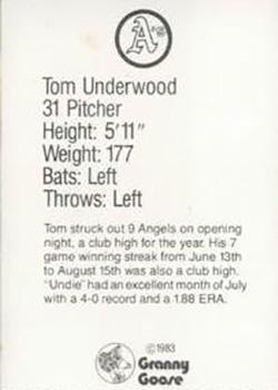 1983 Granny Goose Oakland Athletics - Stadium Giveaway (No Tabs) #15 Tom Underwood Back