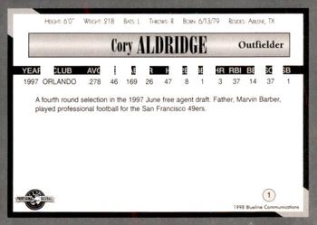 1998 Blueline Q-Cards Danville Braves #1 Cory Aldridge Back