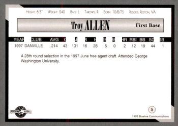 1998 Blueline Q-Cards Danville Braves #5 Troy Allen Back