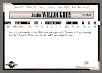 1998 Blueline Q-Cards Danville Braves #10 Justin Willoughby Back