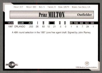 1998 Blueline Q-Cards Danville Braves #17 Prinz Milton Back