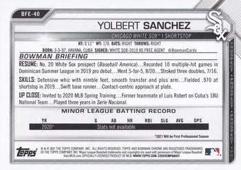 2021 Bowman 1st Edition #BFE-40 Yolbert Sanchez Back