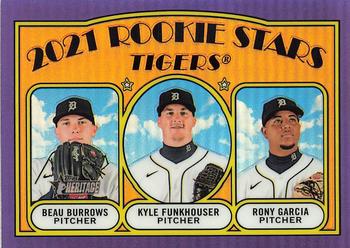 2021 Topps Heritage - Chrome Purple Refractor #142 2021 Rookie Stars - Tigers - Beau Burrows / Rony Garcia / Kyle Funkhouser Front