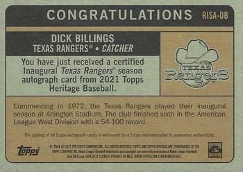 2021 Topps Heritage - Rangers Inaugural Season Autographs #RISA-DB Dick Billings Back