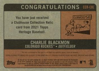 2021 Topps Heritage - Clubhouse Collection Relics #CCR-CBL Charlie Blackmon Back
