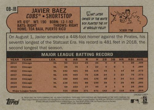 2021 Topps Heritage - Oversized 1972 Topps Box Toppers #OB-JB Javier Baez Back