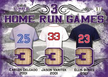 2021 Leaf Lumber - 3 Home Run Games Relics Purple #3HRG-23 Carlos Delgado / Jason Varitek / Ellis Burks Front