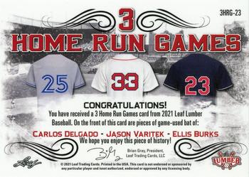 2021 Leaf Lumber - 3 Home Run Games Relics Platinum #3HRG-23 Carlos Delgado / Jason Varitek / Ellis Burks Back