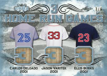 2021 Leaf Lumber - 3 Home Run Games Relics Platinum #3HRG-23 Carlos Delgado / Jason Varitek / Ellis Burks Front