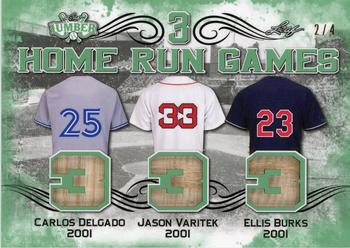 2021 Leaf Lumber - 3 Home Run Games Relics Emerald #3HRG-23 Carlos Delgado / Jason Varitek / Ellis Burks Front
