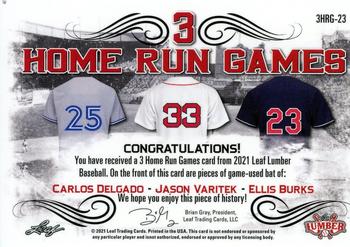 2021 Leaf Lumber - 3 Home Run Games Relics Red #3HRG-23 Carlos Delgado / Jason Varitek / Ellis Burks Back