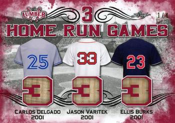 2021 Leaf Lumber - 3 Home Run Games Relics Red #3HRG-23 Carlos Delgado / Jason Varitek / Ellis Burks Front