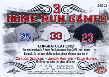 2021 Leaf Lumber - 3 Home Run Games Relics Gold #3HRG-23 Carlos Delgado / Jason Varitek / Ellis Burks Back