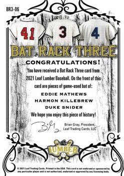 2021 Leaf Lumber - Bat Rack Triple Relics Bronze #BR3-06 Eddie Mathews / Harmon Killebrew / Duke Snider Back