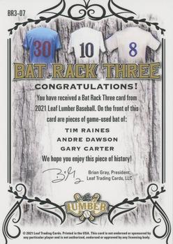 2021 Leaf Lumber - Bat Rack Triple Relics Purple #BR3-07 Tim Raines / Andre Dawson / Gary Carter Back