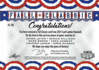 2021 Leaf Lumber - Fall Classic Relics Navy Blue #FC-08 Derek Jeter / Bernie Williams / Wade Boggs / Fred McGriff / Chipper Jones / Greg Maddux Back