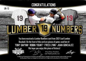 2021 Leaf Lumber - Lumber Numbers Relics Bronze #LN-13 Tony Gwynn / Robin Yount / Fred Lynn / Juan Gonzalez Back