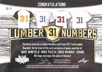 2021 Leaf Lumber - Lumber Numbers Relics Bronze #LN-21 Dave Winfield / Mike Piazza / Greg Maddux / Ichiro Back