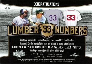 2021 Leaf Lumber - Lumber Numbers Relics Bronze #LN-22 Eddie Murray / Jose Canseco / Larry Walker / Jason Varitek Back
