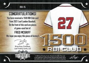 2021 Leaf Lumber - 1500 RBI Club Relics Red #RBI-15 Fred McGriff Back