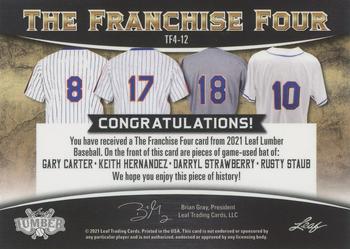 2021 Leaf Lumber - The Franchise 4 Relics Pewter #TF4-12 Gary Carter / Keith Hernandez / Darryl Strawberry / Rusty Staub Back
