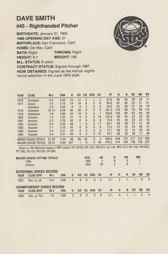 1986 Lite Beer Houston Astros #NNO Dave Smith Back
