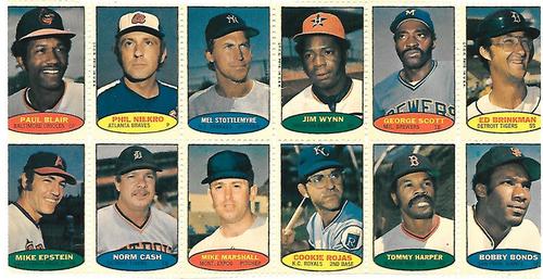 1974 Topps Stamps - Stamp Panels #NNO Paul Blair / Phil Niekro / Mel Stottlemyre / Jim Wynn / George Scott / Ed Brinkman / Mike Epstein / Norm Cash / Mike Marshall / Cookie Rojas / Tommy Harper / Bobby Bonds Front
