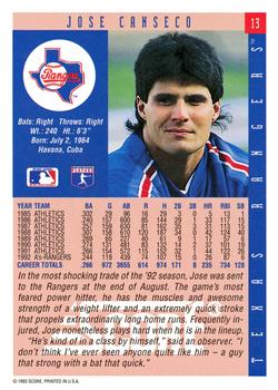 1993 Score #13 Jose Canseco Back