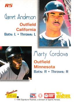 1996 Signature Rookies Preview - Rookie of the Year #R5 Garret Anderson / Marty Cordova Back