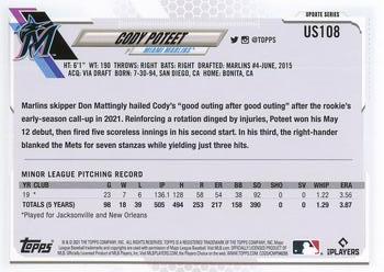 2021 Topps Update #US108 Cody Poteet Back