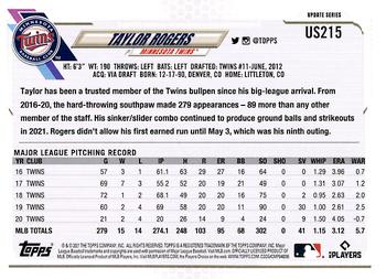 2021 Topps Update #US215 Taylor Rogers Back