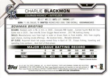 2021 Bowman - Blue #4 Charlie Blackmon Back