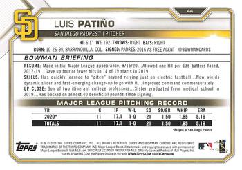 2021 Bowman - Blue #44 Luis Patiño Back