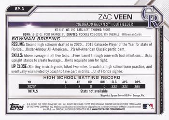 2021 Bowman - Prospects #BP-3 Zac Veen Back