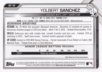 2021 Bowman - Prospects #BP-40 Yolbert Sanchez Back