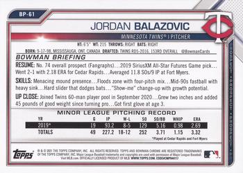 2021 Bowman - Prospects #BP-61 Jordan Balazovic Back
