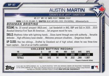 2021 Bowman - Prospects #BP-87 Austin Martin Back