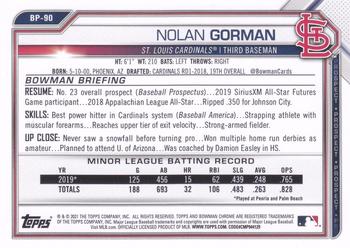 2021 Bowman - Prospects #BP-90 Nolan Gorman Back