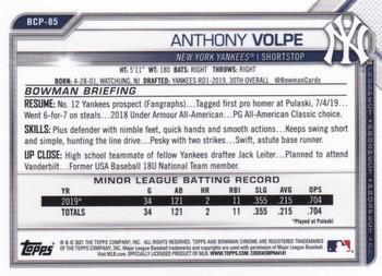2021 Bowman - Chrome Prospects #BCP-85 Anthony Volpe Back